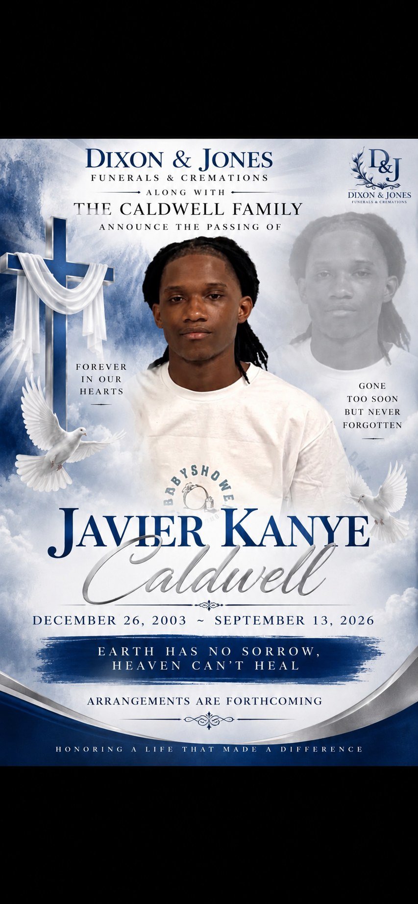 Memorial announcement for Javier Kayne Caldwell.