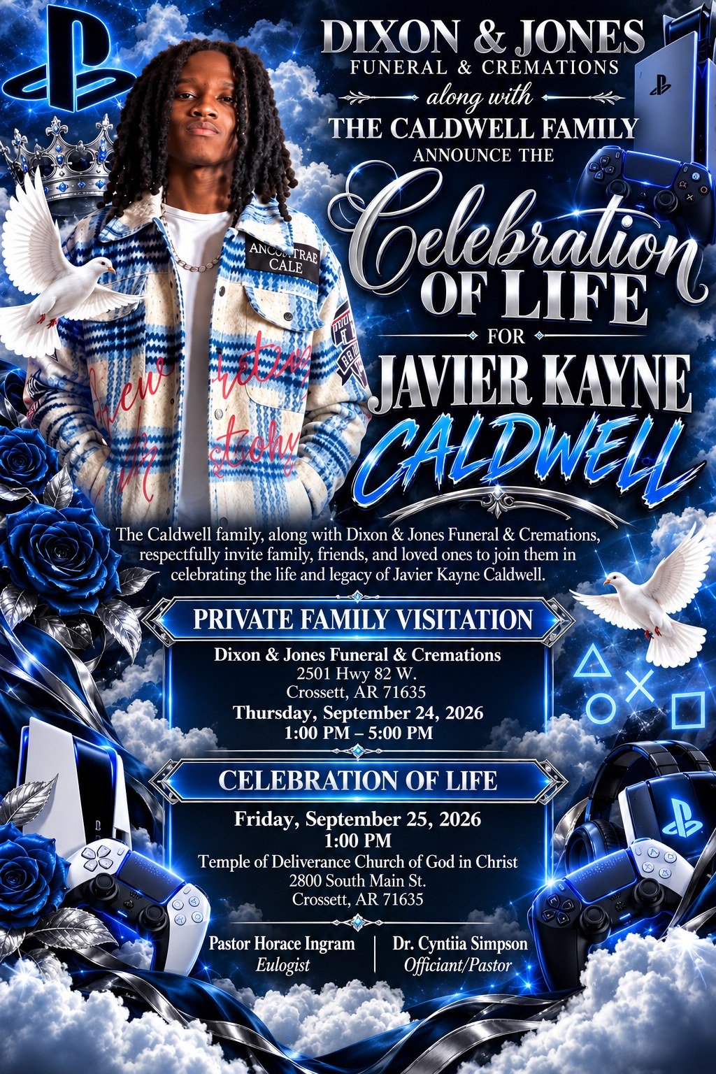 Celebration of Life announcement for Javier Kayne Caldwell, including visitation and service details.